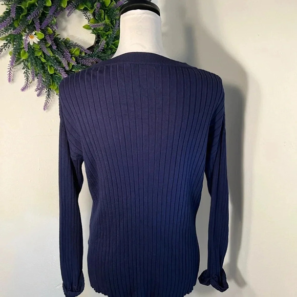 Zara long sleeve crewneck cableknit sweater navy blue, split seam on the sides. - Picture 6 of 8